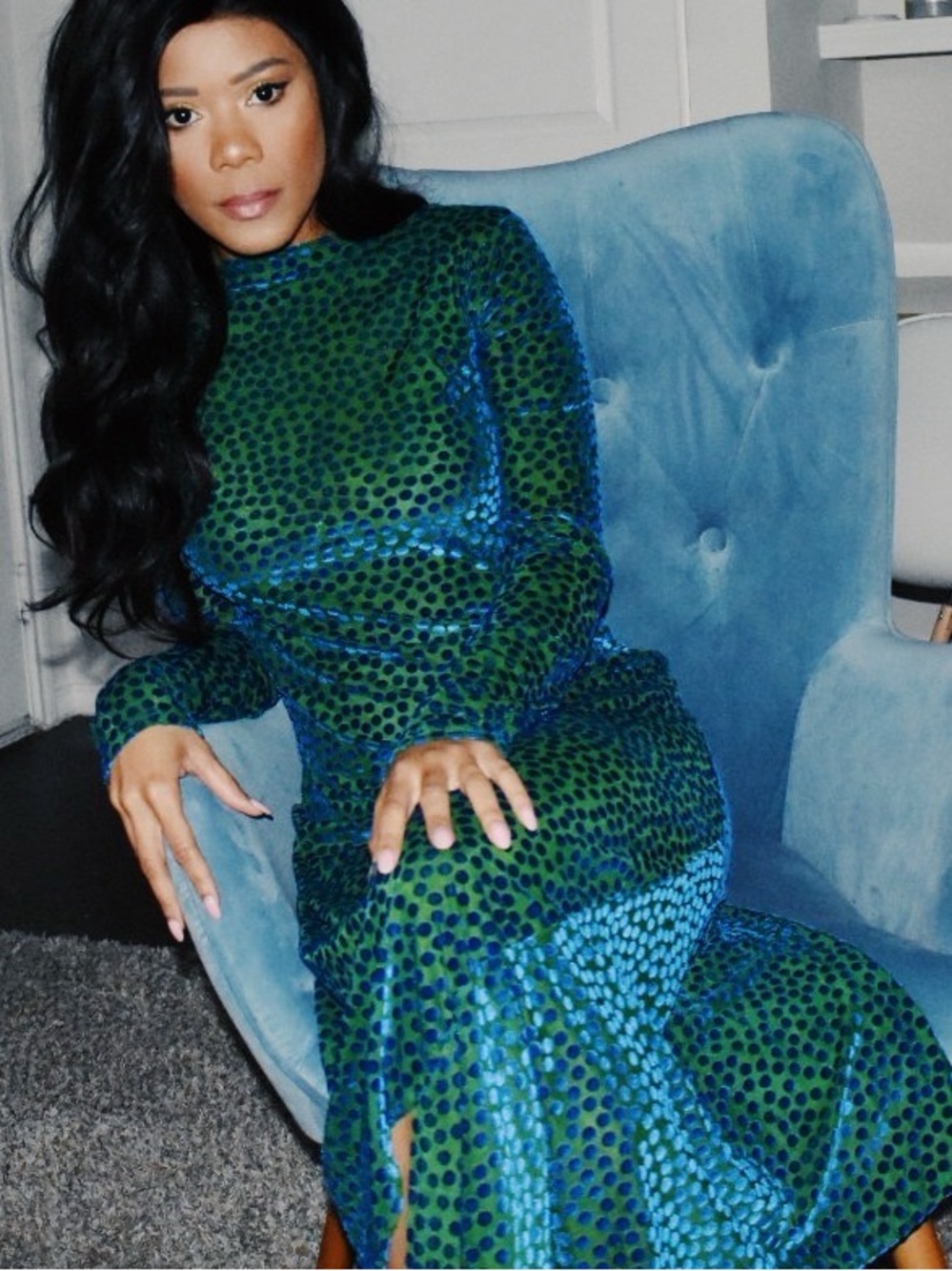 Zara Green and Blue Velvet Polka Dot Dress